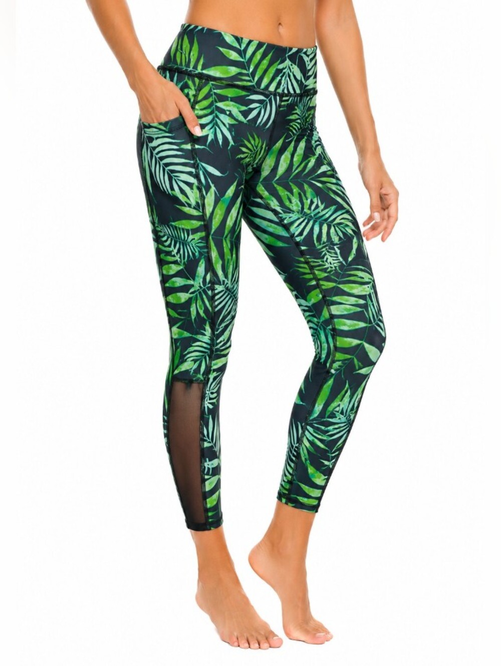 Green Tropical Leaf High-Waist Mesh-Inset Leggings SIZE Large - Picture 4 of 5